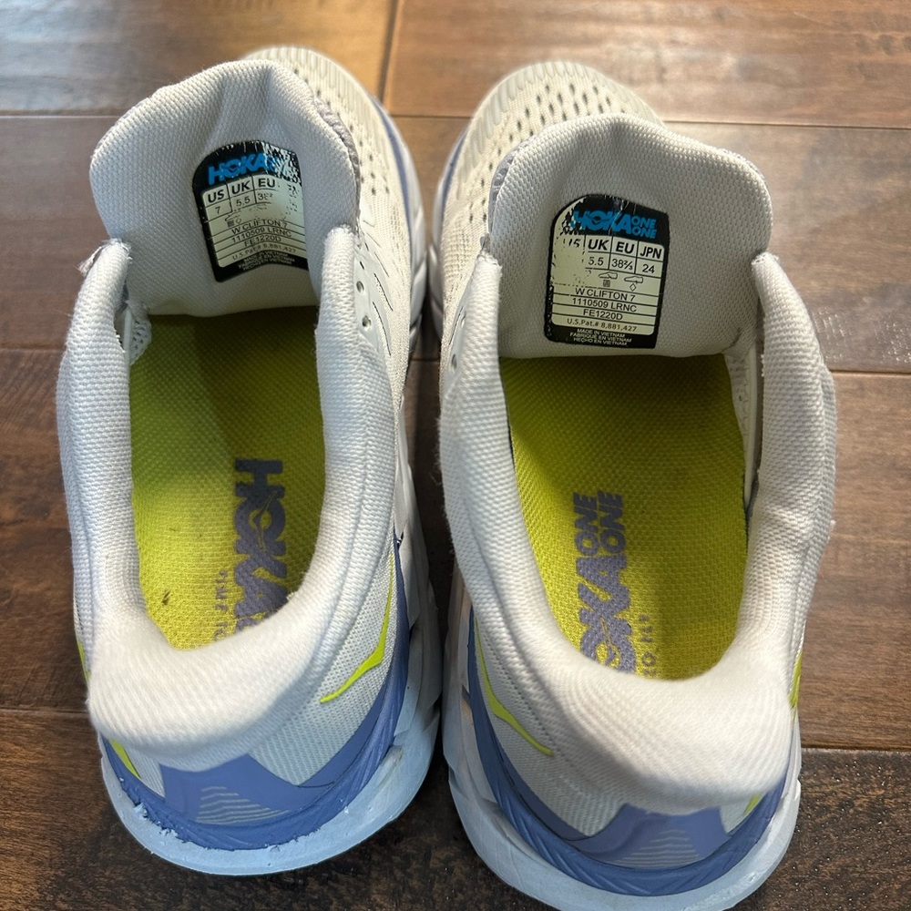 Women’s HOKA One One Clifton 7 Running Shoes Gray, Blue, Lime - Picture 7 of 10